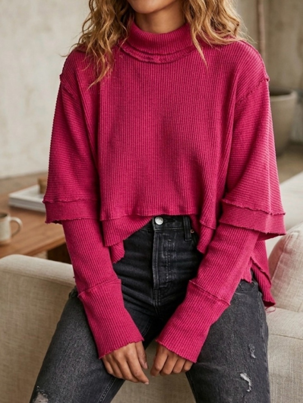 We The Free Hot Pink Ribbed Turtleneck Sweater